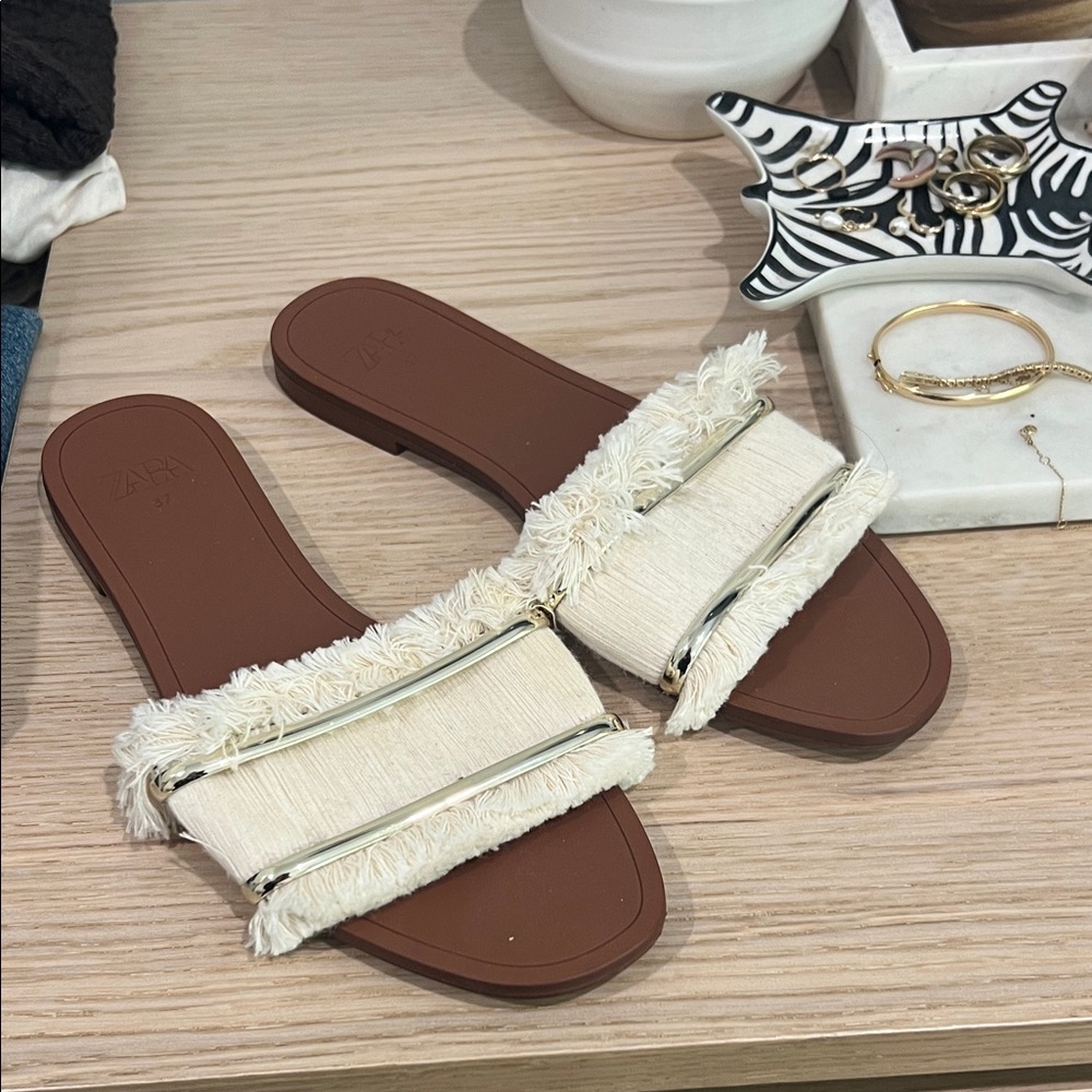 Zara Tan and Cream Fringe Slide Sandals